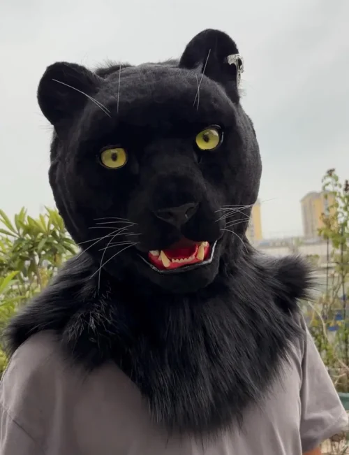 Realistic black leopard fursuit head